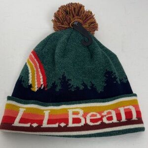 L.L. Bean NWT Scenic Knit Beanie‎ Pom Hat Trees Rainbow Stripe